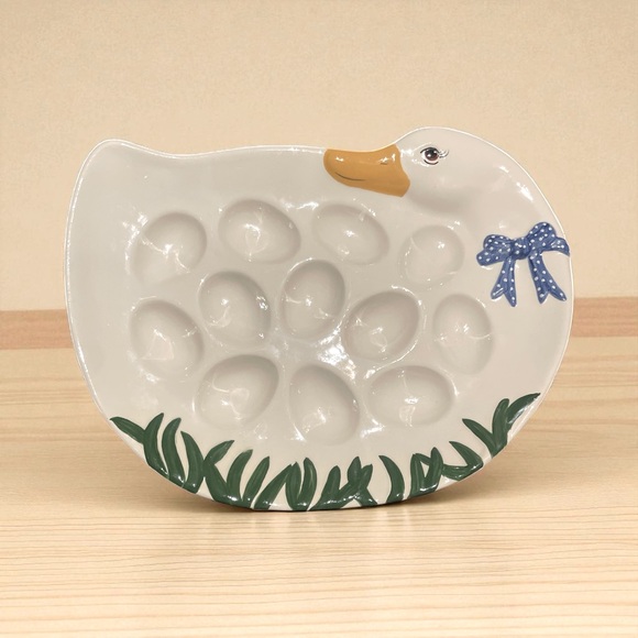 Duck Shaped Vintage Egg Tray w/ Blue Bow Tie. Holds 1 dozen eggs 11 1/2” x 8” - Picture 1 of 4